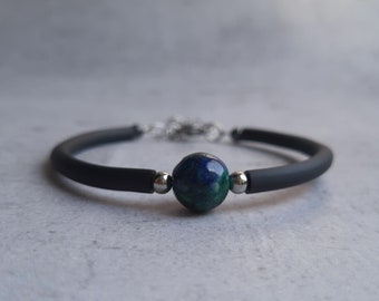 Azurite Malachite Bracelet: Single Bead Gemstone, Adjustable