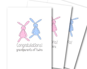 New Grandparents of TWINS Cute Baby bunnies card BOY / GIRL / mixed / grandsons / granddaughters