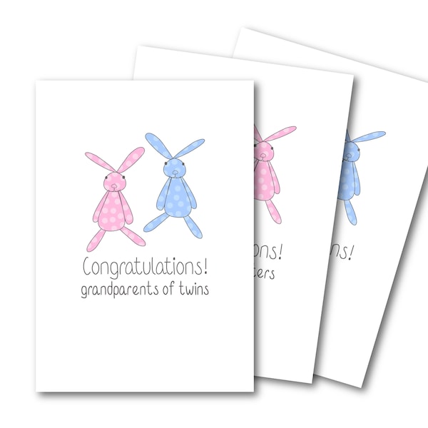New Grandparents of TWINS Cute Baby bunnies card BOY / GIRL / mixed / grandsons / granddaughters