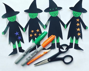 Printable WITCHES Paper Dolls chain Template. PAPER DOLLIES, Kids crafts. Halloween. Witch