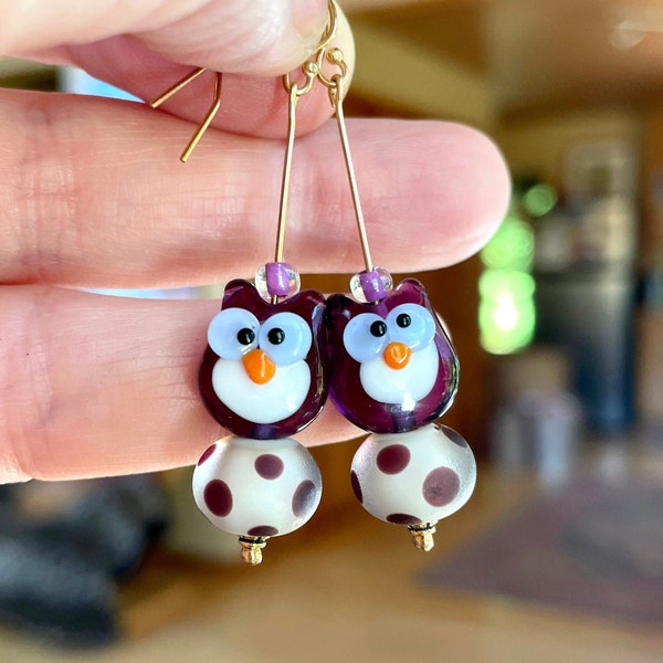 In Ca(Hoots).  Lampwork earrings, owls, dots, whimsy, petite, purple