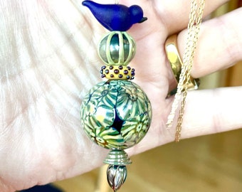 Bold and Blue.  Jari Sheese, Venetian, hollow beads, bird