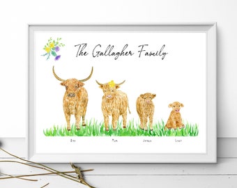 Highland Cow Print - Personalised Family Print - Custom Family Print - Highland Cow - Wall Art - Printed -Unframed