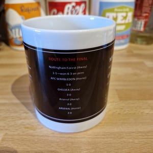 May include: A white ceramic mug with a black design that lists the route to the final of a soccer tournament. The text includes the teams and scores of each match. The mug is on a wooden surface.