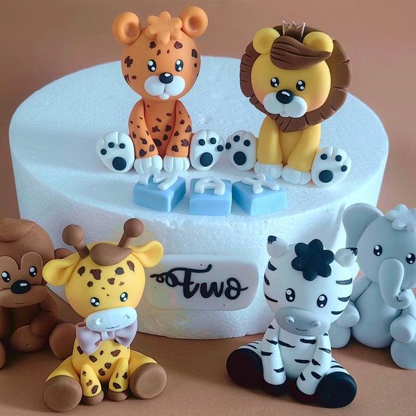 Set of 6 Baby Safari figurines -  cake toppers fondant or cold porcelain, zebra, lion, giraffe, monkey, elephant, jungle party, tiger topper