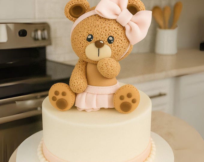 Featured listing image: Fondant Teddy Bear Tutorial – Step by Step Cake Topper Video Course + Printable Templates | Sugar Paste Teddy for Baby Shower & Birthday