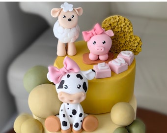 Fondant farm cake toppers set, cow cake topper, pig cake topper, sheep cake topper, farm 1st birthday, barnyard cake, farm animals