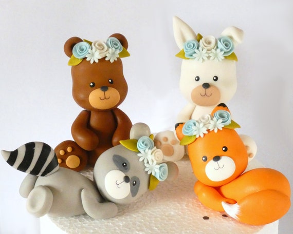Set of 4 Woodland animals cake topper with flower wreath | Etsy