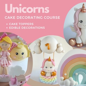 Può includere: Un corso di decorazione di torte a tema unicorno con topper per torte e decorazioni commestibili. L'immagine mostra un topper per torta unicorno, un topper per torta arcobaleno, un topper per torta sole e ragazza, e un topper per torta unicorno in una nuvola.
