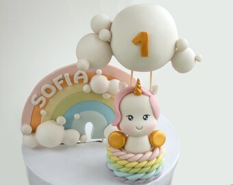 Unicorn and rainbow cake topper Hot air balloon fondant or cold porcelain / Regenbogen