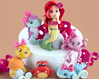 Fondant Mermaid and Sea creatures cake toppers VIDEO Tutorial with templates