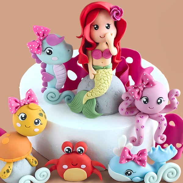 Fondant Mermaid and Sea creatures cake toppers VIDEO Tutorial with templates