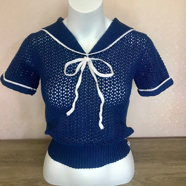 1930s sailor dress, 1930sdress, 1930sblouse, vintage style, sailor style, hand crochet, crochet cotton