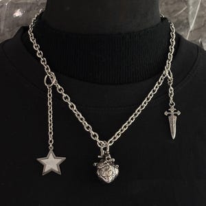Anatomical Heart Necklace Set with Back Drop Chain, Modular Goth Sword Dagger Choker, Y2K Star Shell Earrings Jewelry, Alt Grunge Gift