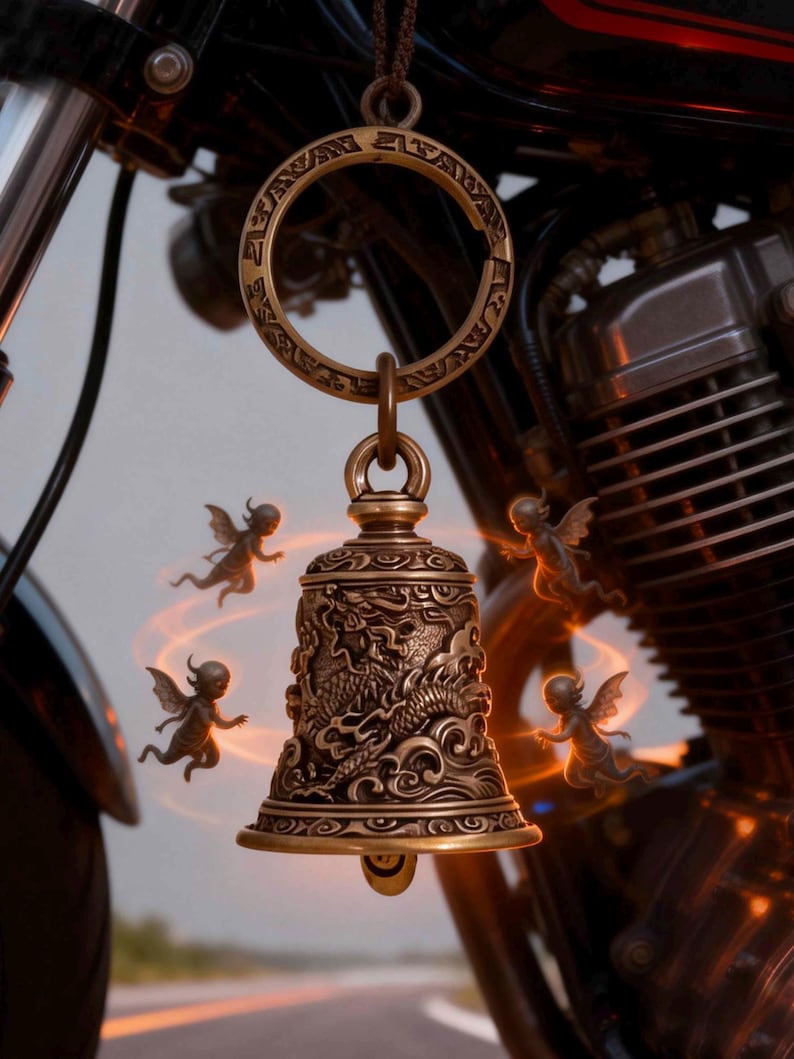 May include: A bronze-colored motorcycle bell with a detailed dragon design and a ring at the top. The bell is hanging in front of a motorcycle engine. Small fairy-like figures are flying around the bell.