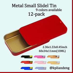 May include: A red metal small slide tin with a gold interior, partially open, displaying its rectangular shape. The tin measures 2.36x1.33x0.45 inches and is part of a 12-pack. The image also shows other color options.