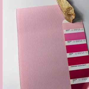 Peut inclure: Un &eacute;chantillon de tissu rose &agrave; c&ocirc;t&eacute; d'un nuancier avec diff&eacute;rentes nuances de rouge. Le nuancier est intitul&eacute; "PANTONE Rubine Red C".
