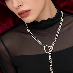 3D Heart Slip Chain Necklace, Stainless Steel Cuban Chain, Gothic Punk Jewelry