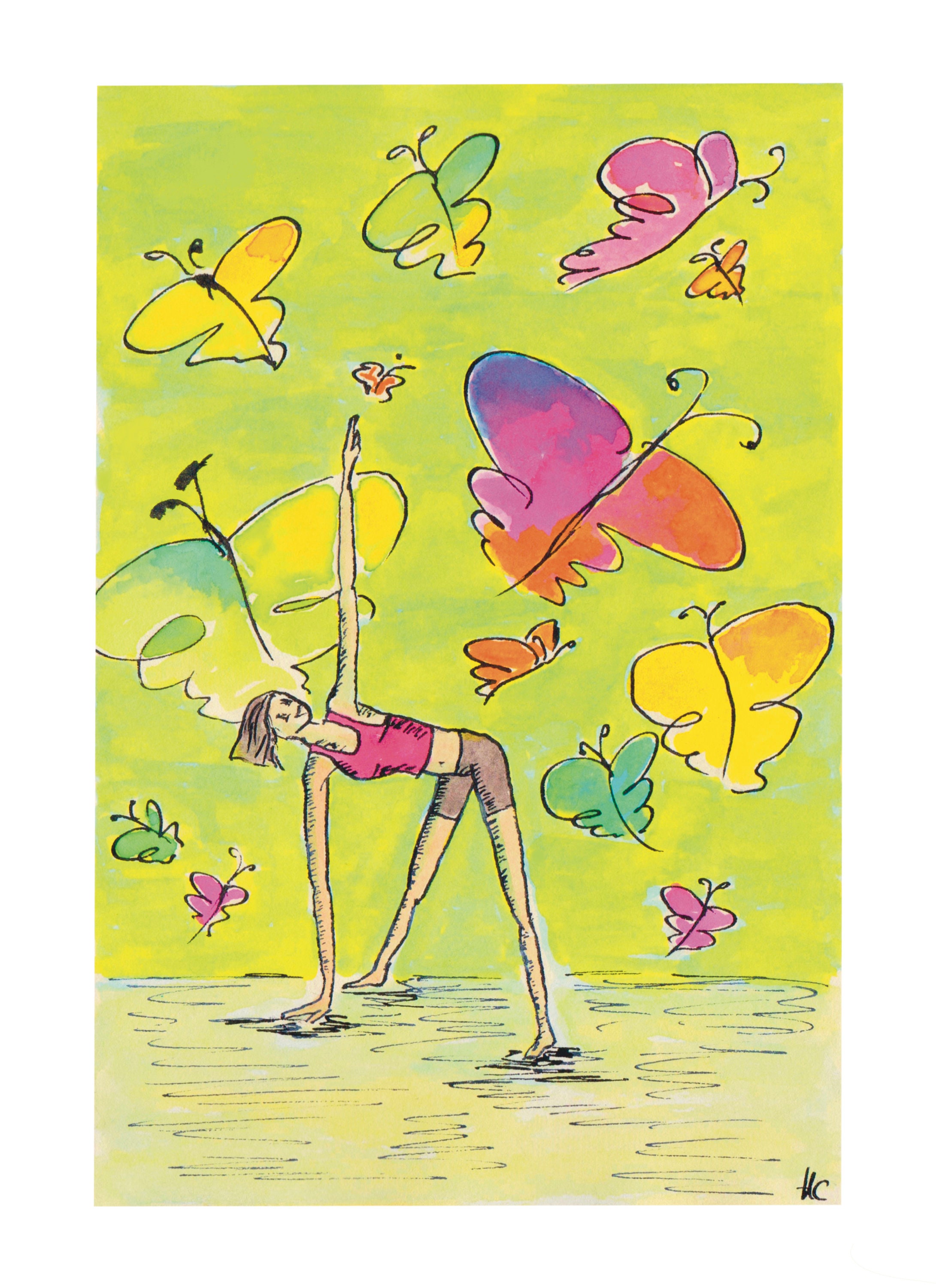 Illustration Originale Encadrée Thème Gymnastique Étirement Papillon, Encre Acrylique et de Chine, S