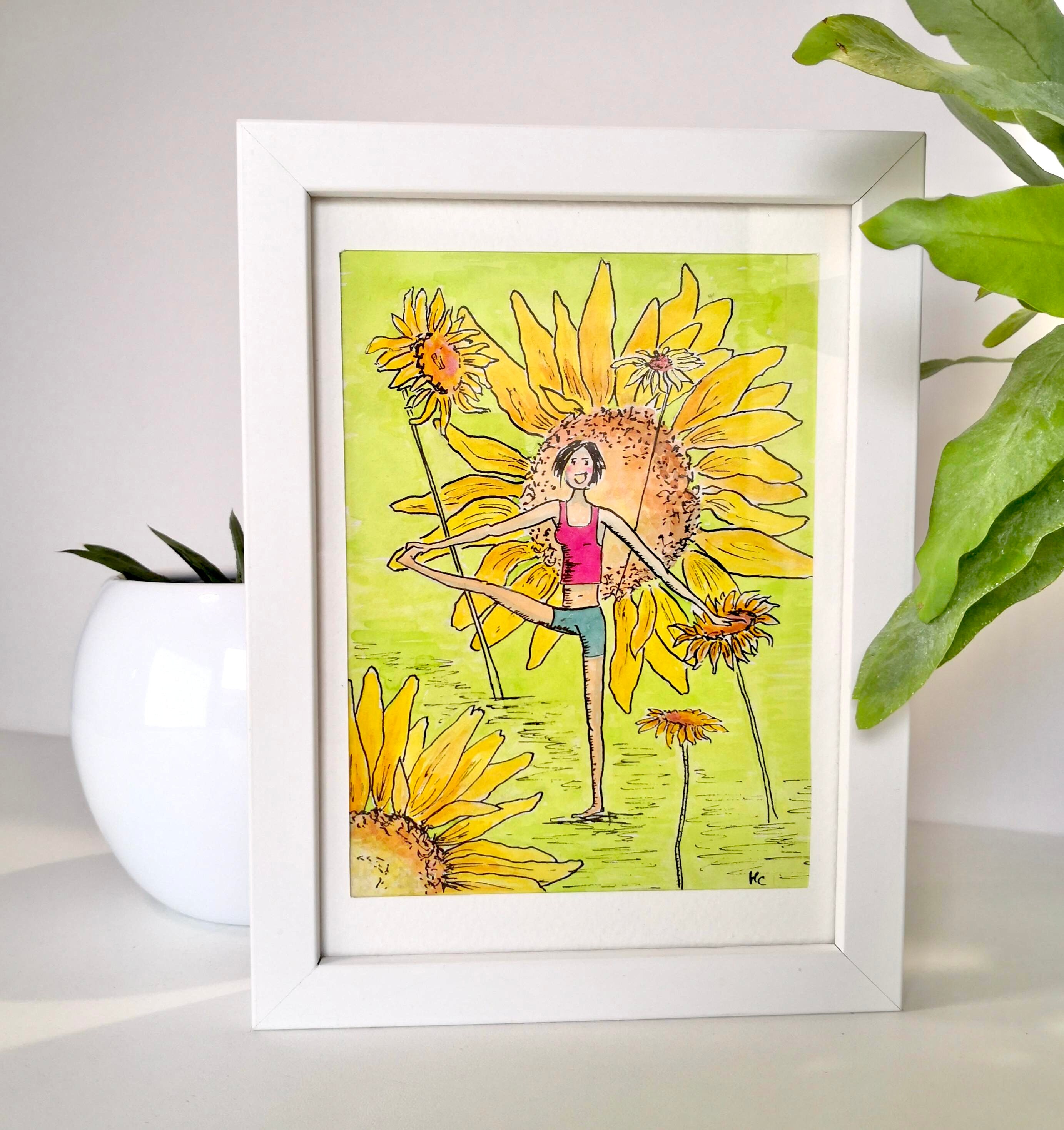 Illustration Originale Encadrée/ Thème Gymnastique ?tirement Tournesols/ Encre Acrylique , de Chine/