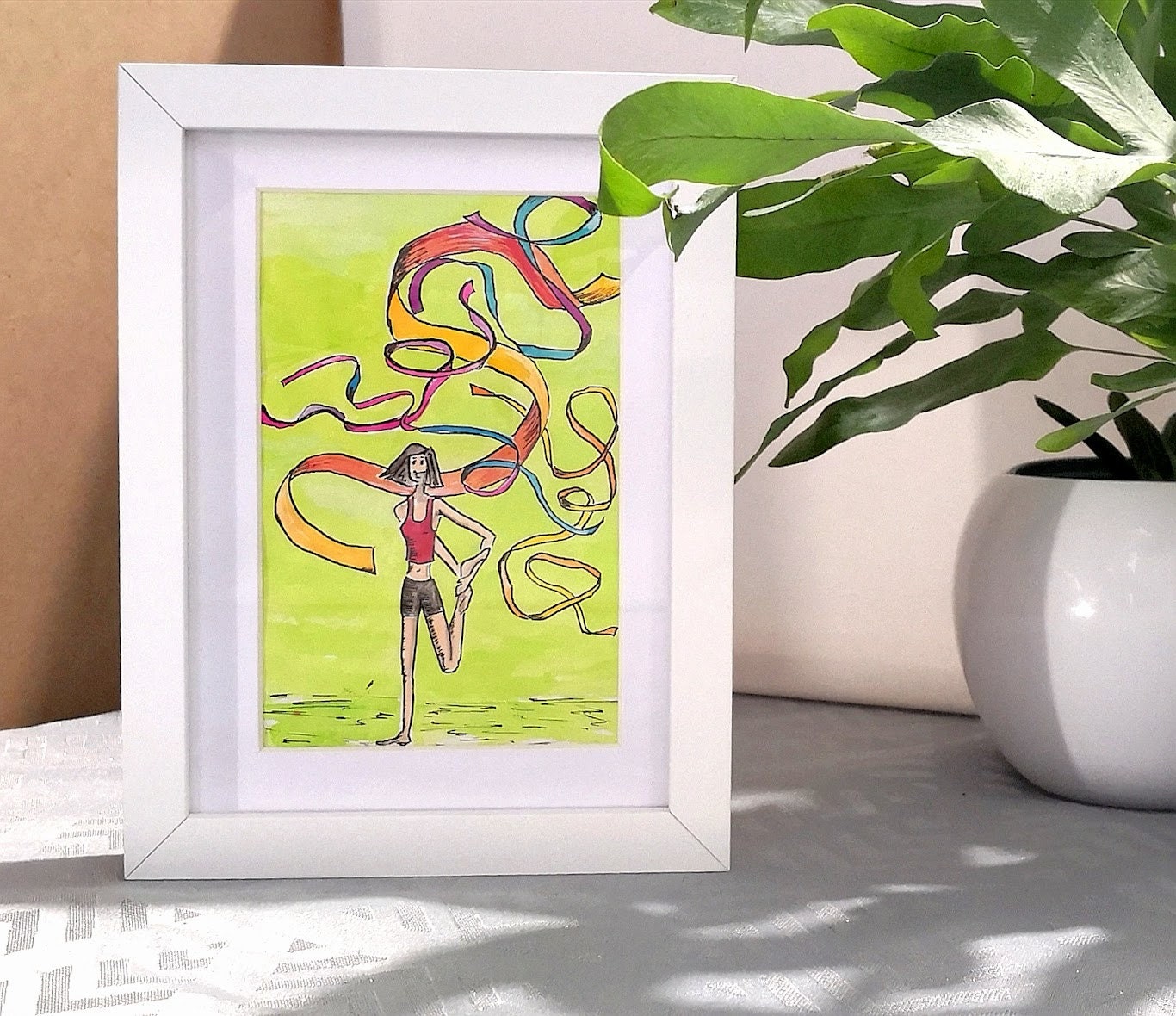 Illustration Originale Encadrée/ Thème Gymnastique Étirement Rubans/ Encre Acryliques , de Chine/ So