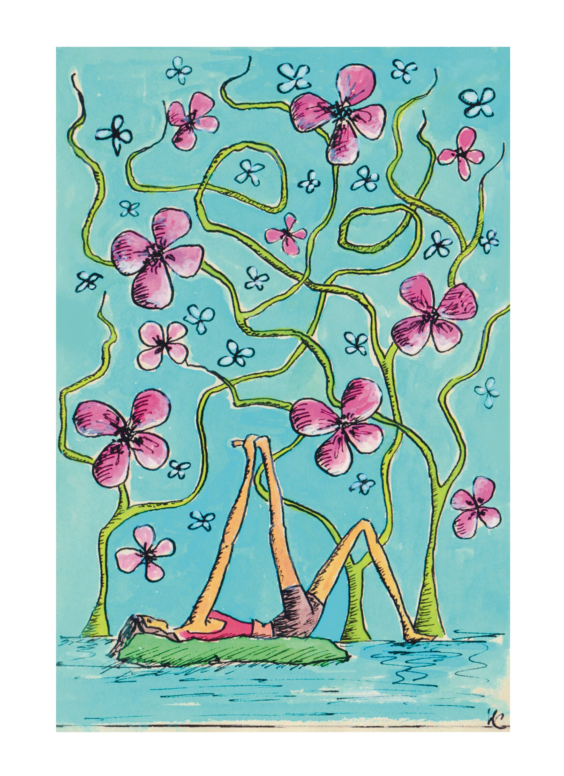 Illustration Originale Encadrée-Thème Gymnastique Étirement Lianes Fleurs-Encres Acryliques et Aquar