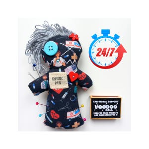 May include: A handmade voodoo doll with grey yarn hair, a large blue button eye, and pins. The doll is black with a pattern of medical symbols and figures. A small sign reads "Chronic Pain". A 24/7 timer graphic is in the background.