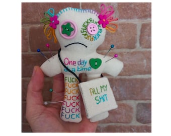 Swipe for more options - Emotional Support Slow Stitch Art Doll with a Bag- Fuck all my Shit