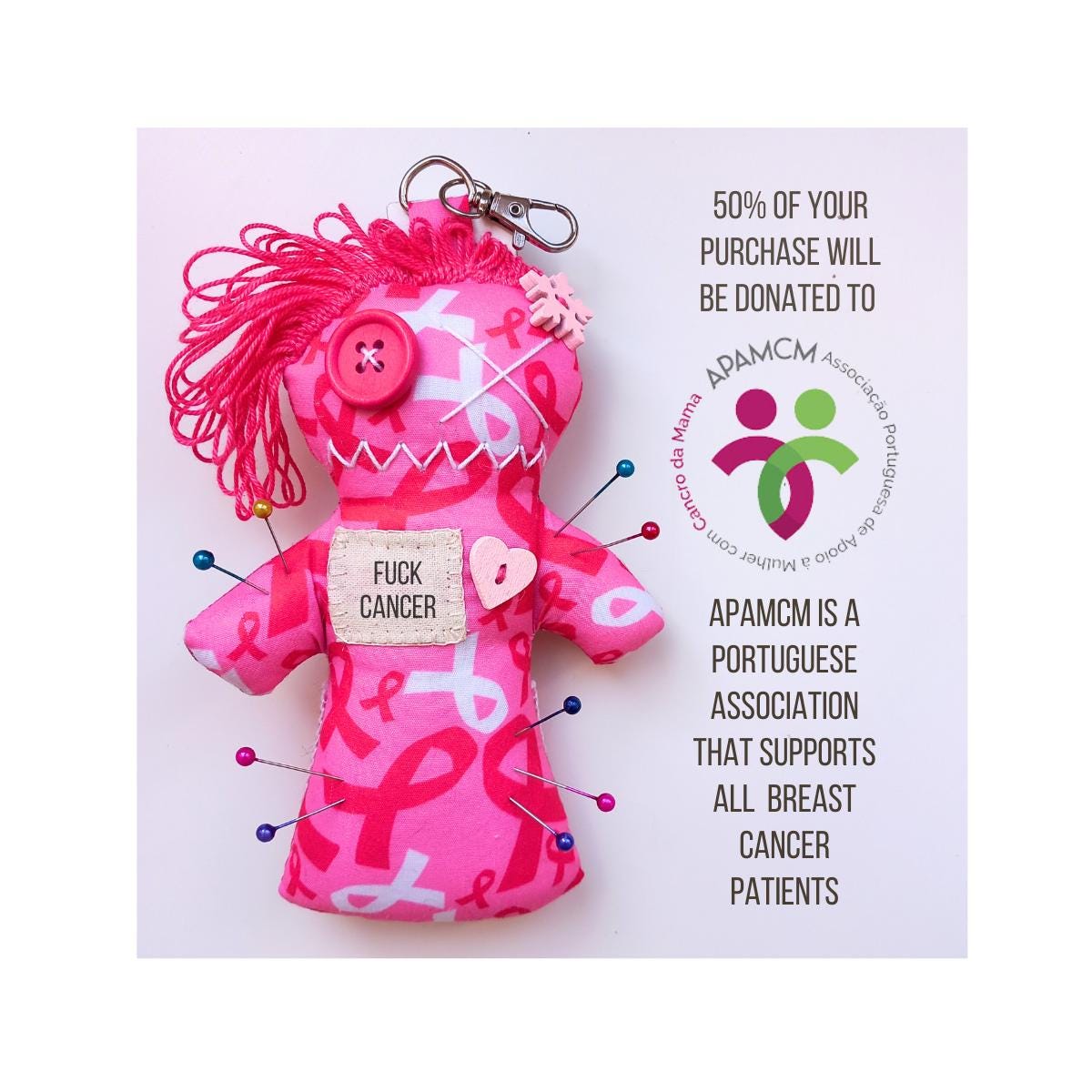 Keychain/charm Stress Relieve Voodoo Doll With Back Pocket - Get Well -  Breast Cancer Doll