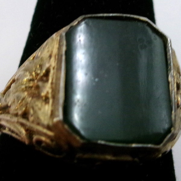 Art Nouveau 835 silver gold wash Moss Agate mans Ring mens size 9