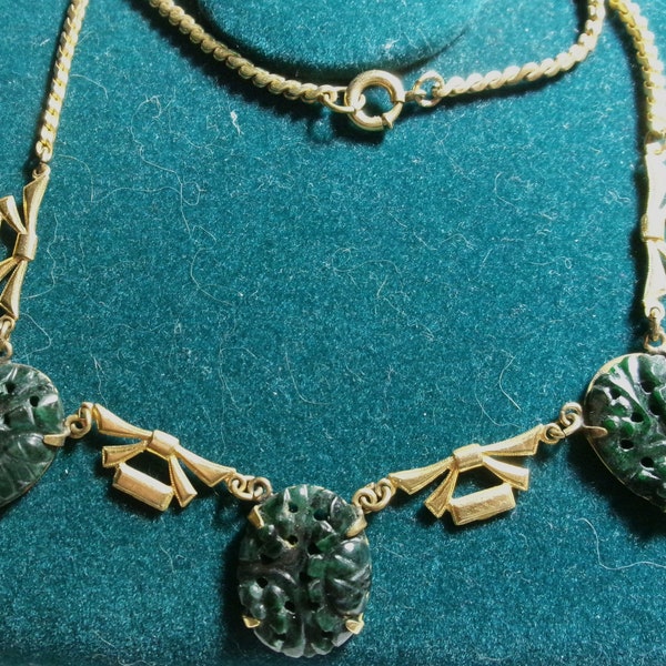 20s Deco gold filled Necklace pierced Spinach jadeite Asian motif