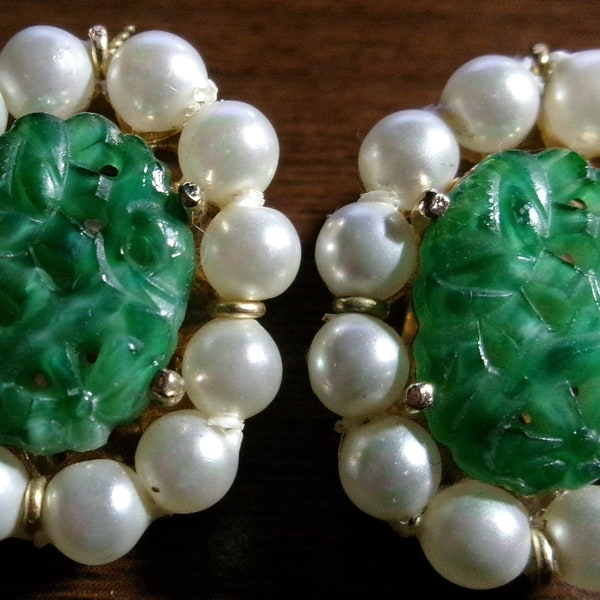 1960s Marvella Faux Carved Jade Pearl Clip Earrings Vintage