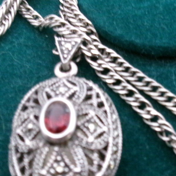 Sterling Silver Natural Garnet Oval Locket Marcasite accents w/ 925 chain