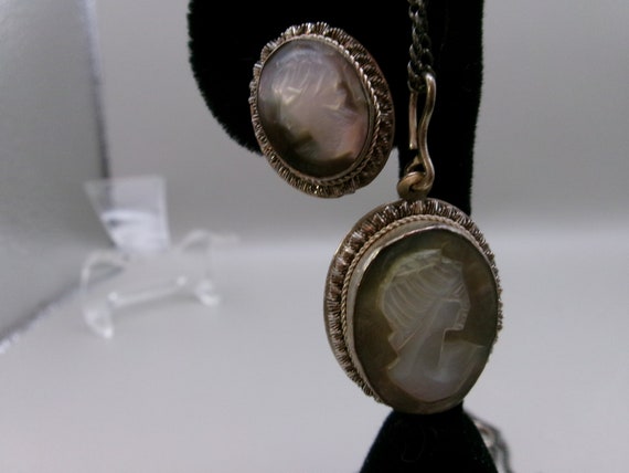 vintage carved Abalone Cameo set Pendant Earrings… - image 2