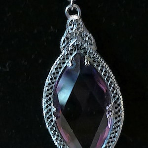 Deco Edwardian Rhodium plate Filigree Pendant Amethyst glass necklace