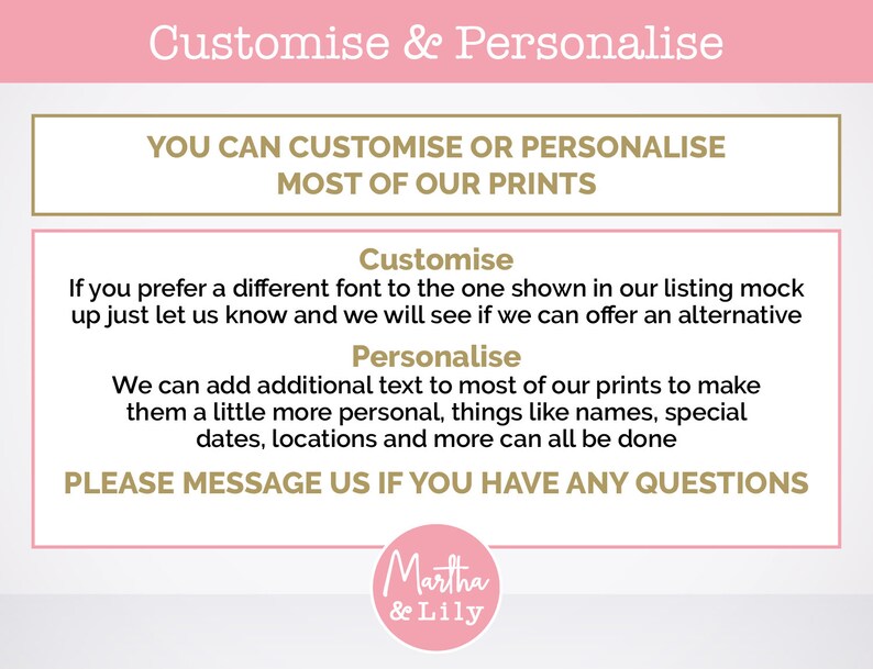 Pu&ograve; includere: Grafica rosa e bianca con il testo "Customise & Personalise" e "Puoi personalizzare o personalizzare la maggior parte delle nostre stampe". La grafica include anche il testo "Customise", "Personalise" e "Per favore, contattaci se hai domande". La grafica ha un logo con il testo "Martha & Lily".
