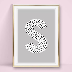 Initial Spot Print with Grey Background, Personalised Black and White Spots Print, Childs  Bedroom Print, Nursery, 7x5, A5, 10x8 and A4