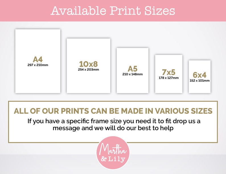 May include: A chart showing available print sizes for artwork. The sizes are listed in inches and millimeters. The sizes are: A4 (297 x 210mm), 10x8 (254 x 203mm), A5 (210 x 148mm), 7x5 (178 x 127mm), and 6x4 (152 x 101mm). The text "ALL OF OUR PRINTS CAN BE MADE IN VARIOUS SIZES" is below the chart. The text "If you have a specific frame size you need it to fit drop us a message and we will do our best to help" is below the text. The text "Martha & Lily" is below the text.