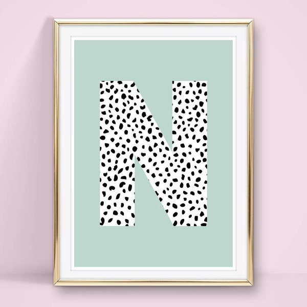 Initial Spot Print with Mint Green background , Personalised Black Spotty Print  7x5, A5, 10x8 and A4 print