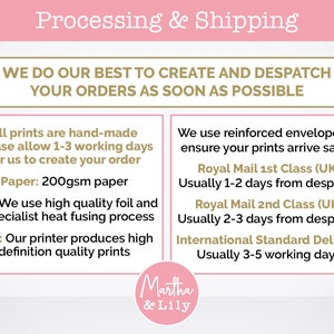 May include: A white and gold text graphic with the words "Processing & Shipping" and "We do our best to create and despatch your orders as soon as possible". The graphic also includes information about the paper, foil, and inks used in the prints, as well as shipping times for Royal Mail 1st and 2nd Class and International Standard Delivery.