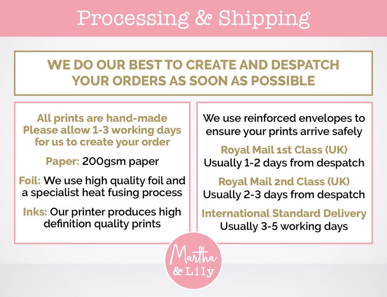 May include: A white and gold text graphic with the words "Processing & Shipping" and "We do our best to create and despatch your orders as soon as possible". The graphic also includes information about the paper, foil, and inks used in the prints, as well as shipping times for Royal Mail 1st and 2nd Class and International Standard Delivery.