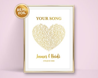 Personalised Song, Wedding Song, Heart Personalised Foil Print, A5 or A4, Available in Gold, Silver, Rose Gold Foil or Black Print