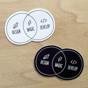 Puede incluir: Dos pegatinas redondas con círculos superpuestos. Una pegatina es blanca con texto e iconos negros, la otra es negra con texto e iconos blancos. El texto dice "DESIGN", "MAGIC" y "DEVELOP". Los iconos son un bolígrafo, un rayo y corchetes de código.