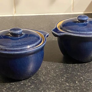 Può includere: Due ciotole in ceramica blu con coperchi. Le ciotole hanno un bordo marrone chiaro e sono su una superficie grigio scuro.