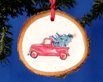 Red Truck Slice of Christmas Natural Wooden Handmade Christmas Ornament, Red Truck and Tree Country Ornament, Southern Rustic Christmas