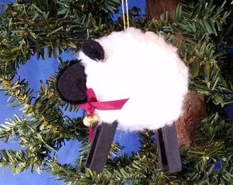 Woolly Sheep Handmade Yarn Christmas Ornament, Sheep Ornament, Yarn Ornament, Lamb Decor, Sheep Christmas Gift, Clothespin Ornament