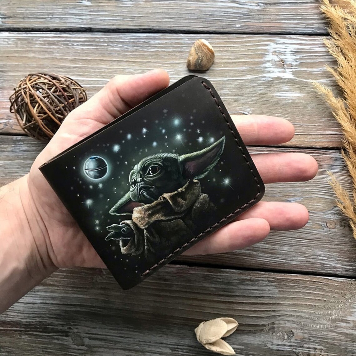 Baby Yoda Small Leather Mini Wallet Star Wars Handpainted Etsy