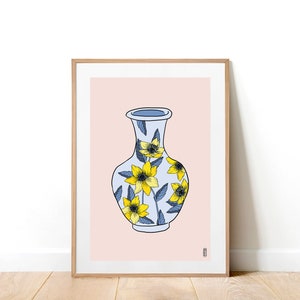 Blue & Yellow Floral Vase on Pink. Botanical Art Print . Floral Art Print . Botanical Illustration . A4 and A3 Art Print . Still Life Print image 1