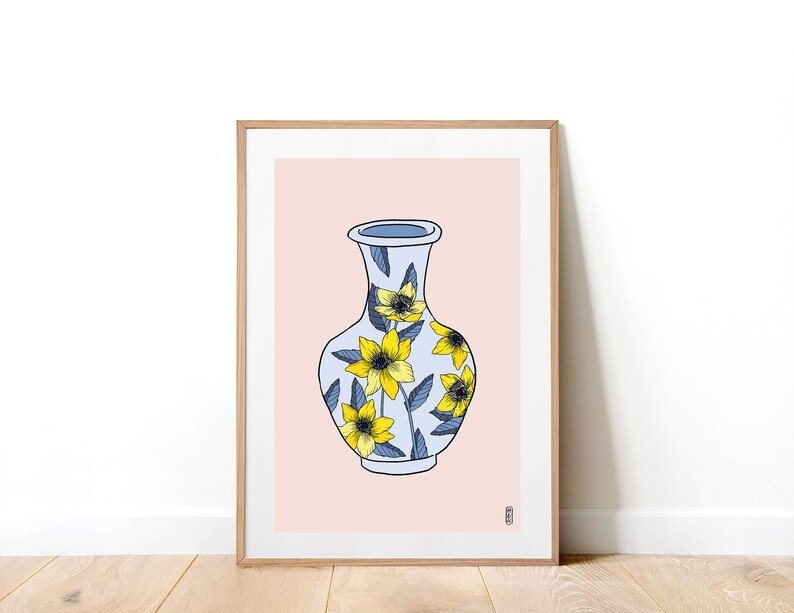 Blue & Yellow Floral Vase on Pink. Botanical Art Print . Floral Art Print . Botanical Illustration . A4 and A3 Art Print . Still Life Print image 1