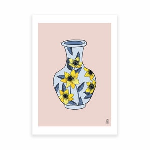 Blue & Yellow Floral Vase on Pink. Botanical Art Print . Floral Art Print . Botanical Illustration . A4 and A3 Art Print . Still Life Print image 2